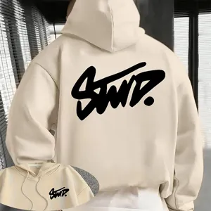 Beige hooded sweatshirt for men and women, featuring a bold black graphic print on the back.