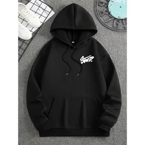 Classic black hooded sweatshirt with graphic chest print, comfortable long sleeve fleece hoodie.