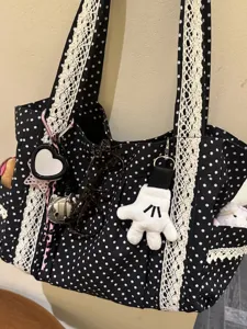 Bolso tote de lona de lunares en blanco y negro con ribete de encaje, gran capacidad.