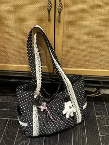 Bolso tote de lona con lunares negros y blancos ribete de encaje gran capacidad bolso