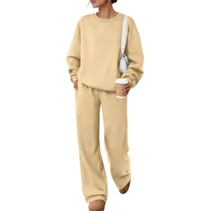 Solid color casual sportswear set featuring a comfortable long sleeve sweatshirt and matching pants.
