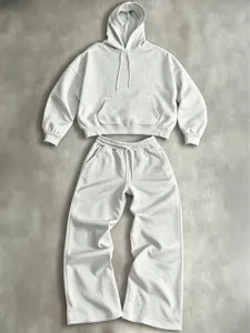 Detailed view of the casual gray hoodie and wide-leg sweatpants set, cozy everyday wear.