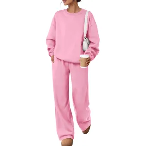 Pink solid color crewneck sweatshirt and sweatpants loungewear set for women, casual daily wear.