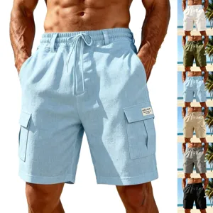 Men's casual linen cargo shorts with elastic drawstring waist and multiple pockets for beach.