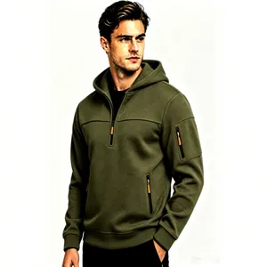 Felpa con Cappuccio Foderata in Pile da Uomo Mezza Zip Tasche Multiple Pullover Casual Manica Lunga Top Sportivo
