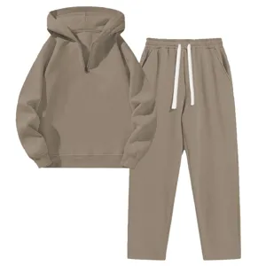 Set felpa con cappuccio mezza zip e pantaloni tuta casual due pezzi colore kaki dettagli