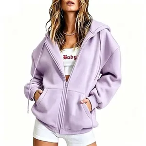 Women casual purple zip up hoodie fleece oversized autumn winter hooded sweatshirt top.