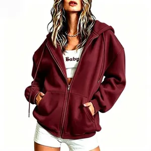 Oversized maroon zip-up hoodie women casual fleece jacket solid autumn winter outerwear top