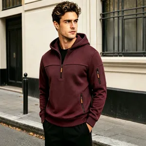 Felpa con cappuccio uomo casual mezza zip con tasche, elegante pullover autunno inverno.