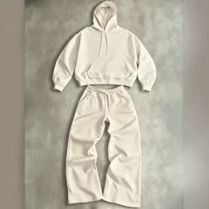 Beige oversized hoodie and wide leg sweatpants tracksuit set, casual loungewear.