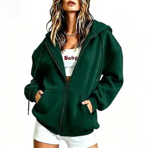 Casual dark green oversized zip-up hoodie for women, comfortable fleece outerwear for daily wear.