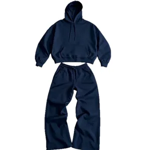 Casual navy blue hooded sweatshirt and comfortable wide leg sweatpants loungewear set.