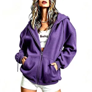 Detail view of the purple fleece zip-up hoodie showing texture and cozy pocket design.