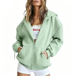 Casual zip-up fleece hoodie detail, solid color long sleeve hooded sweatshirt for women.