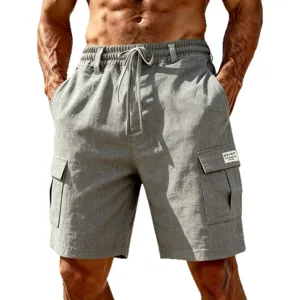 Mens casual linen cargo shorts with elastic drawstring waist and multiple pockets grey beach wear