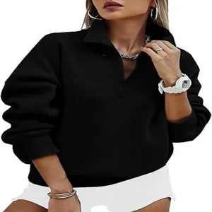 Detail view of women quarter zip sweatshirt, black stand collar long sleeve top for autumn style.