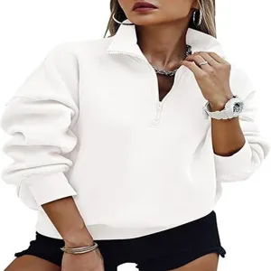 Women's white quarter-zip pullover sweatshirt long sleeve casual top detail view.