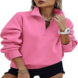 Detailed view of women pink quarter zip sweatshirt, casual long sleeve pullover top Y2k style.