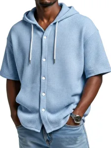 Detail view of men's summer waffle knit button hooded short sleeve casual shirt top.
