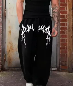 Pantalón Chándal Suelto Estampado Gótico Y2K Unisex Cordón Pierna Ancha Moda