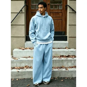Men's solid color fleece hoodie and wide-leg sweatpants set, casual loose streetwear.