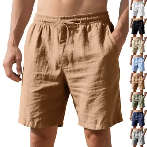 Heren Casual Linnen Shorts Zomer Strand Losse Pasvorm Rechte Broek Met Trekkoord Elastische Taille