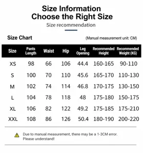 Men's casual loose straight trousers size chart guide, detailed measurements for comfy fit.