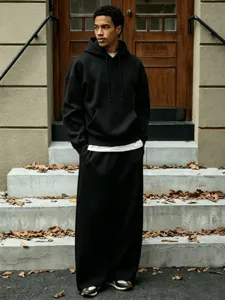 Men casual solid fleece sportswear set hoodie and loose wide leg pants two piece outfit