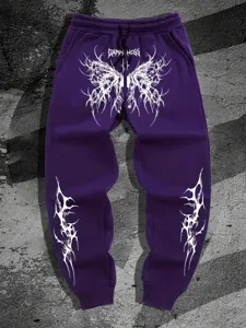 Detalle de pantalón de chándal Y2K gótico morado, pantalón holgado de streetwear.
