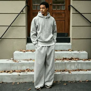 Men's Casual Solid Color Fleece Lined Sports Set Hoodie And Wide Leg Pants Two Piece Set Loose Trend Winter Tracksuit