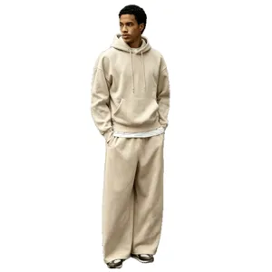 Men casual solid fleece tracksuit hoodie and wide leg sweatpants two piece set.
