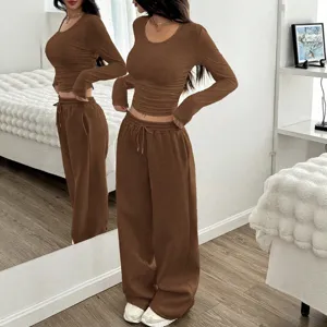 Ensemble Deux Pieces Casual Femme Crop Top Manches Longues Et Pantalon Large Marron