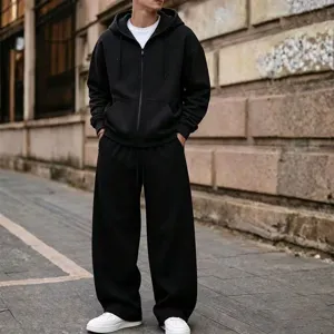 Men Fleece Lined Solid Color Zip Up Hoodie And Wide Leg Pants Set Casual American Streetwear Long Sleeve Activewear