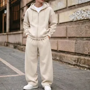 Men solid zip hoodie and wide leg sweatpants tracksuit casual streetwear fashion outfit.