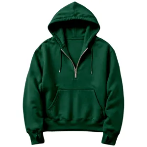 Dark green half-zip hooded sweatshirt with front pocket and thumbhole cuffs for daily wear.