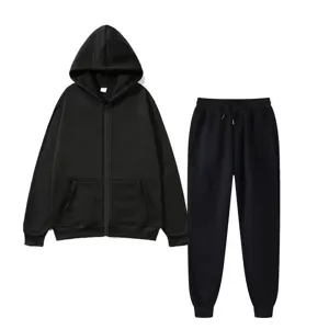 Detailed view of the cozy black fleece zip-up hoodie and sweatpants tracksuit set.