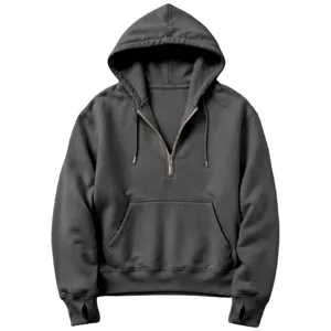 Dark grey half-zip hoodie with front pocket and thumb holes for women daily wear.