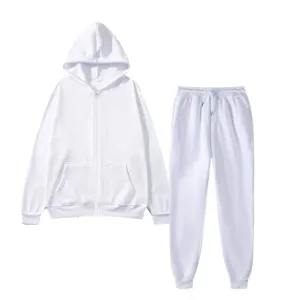 White fleece zip hoodie and matching sweatpants detail, showing soft fabric, pockets and drawstring.