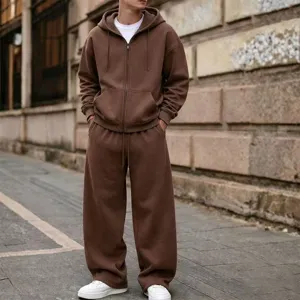 Men's solid color zip-up hoodie and wide-leg sweatpants set, casual streetwear tracksuit.