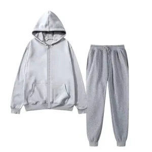 Classic grey zip-up hoodie and sweatpants set for men and women, cozy fleece sportswear.