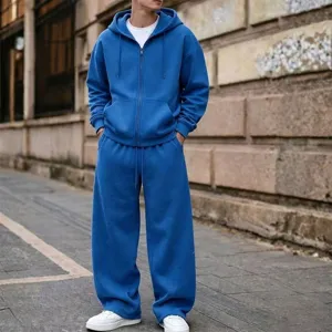Detailed view of the casual solid color zip hoodie and wide leg pants street style set.