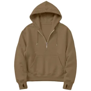 Brown half-zip hoodie for women with thumbholes and front pocket casual streetwear top
