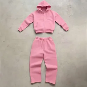 Pink zip-up hoodie and matching wide leg pants tracksuit set casual daily outfit detail
