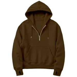 Dark brown half-zip hoodie for women with hood kangaroo pocket and thumb hole cuffs