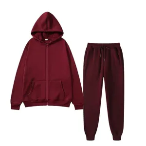 Men women fleece zip up hoodie sweatpants set casual sportswear two piece maroon track suit