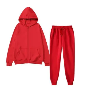Red fleece zip hoodie and sweatpants set, comfortable casual sportswear two piece outfit.