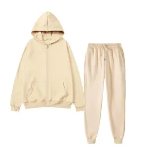 Beige fleece zip-up hoodie and matching sweatpants set for casual daily wear and sports.