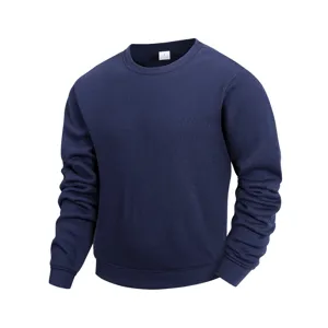 Vista dettagliata della felpa girocollo in tinta unita blu scuro, pullover casual.