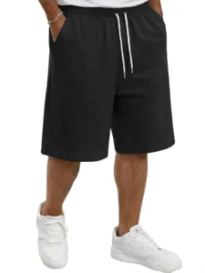 Gedetailleerd overzicht van zwarte heren casual shorts met trekkoord en witte koorden.