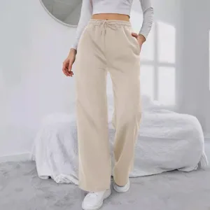 Women solid color fleece lined sweatpants casual drawstring wide leg pants autumn winter